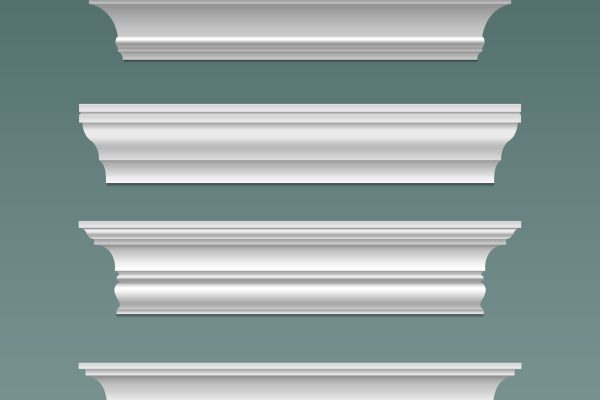 Crown cornice trim for ceiling. Wall moulding isolated frame. Decorative plaster stucco strip vector. 3d plinth pattern with bevel ornament render set. Decor relief ledge border object illustration
